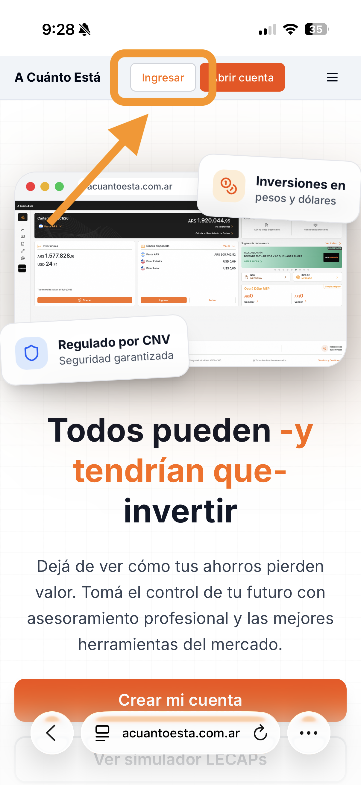 Pagina de inicio de A Cuanto Esta en iPhone mostrando el boton Ingresar destacado