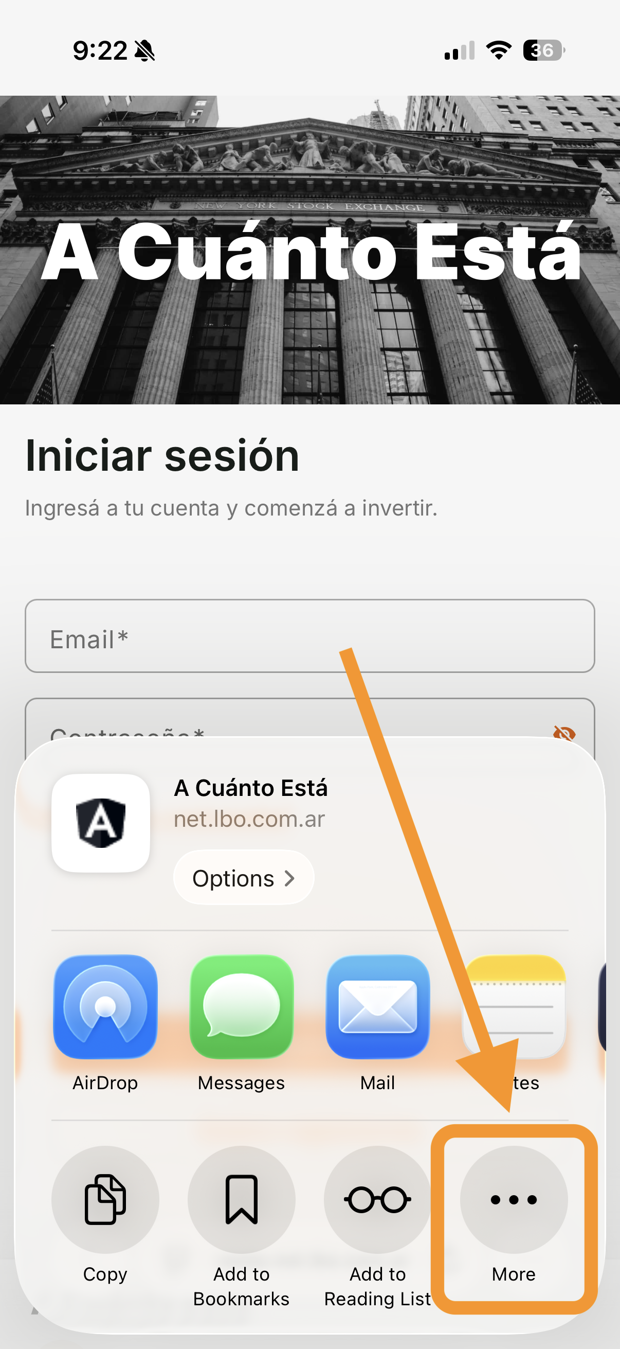Share sheet de Safari mostrando el boton More destacado abajo a la derecha
