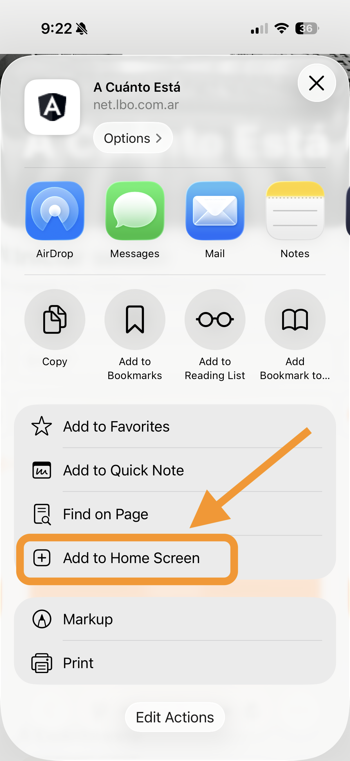 Share sheet de Safari mostrando la opcion Add to Home Screen destacada