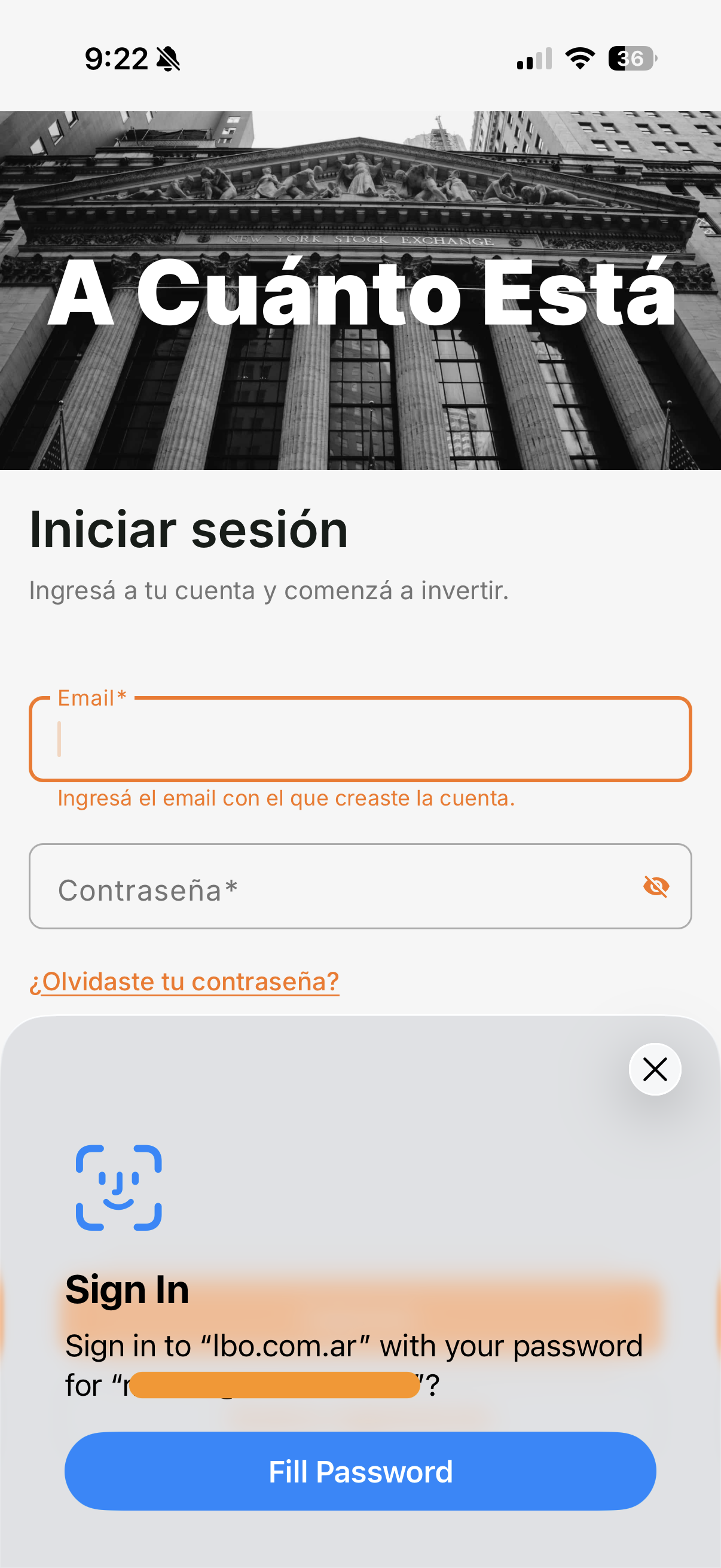 App de A Cuanto Esta abierta como web app mostrando el login con Face ID para autocompletar la contrasena