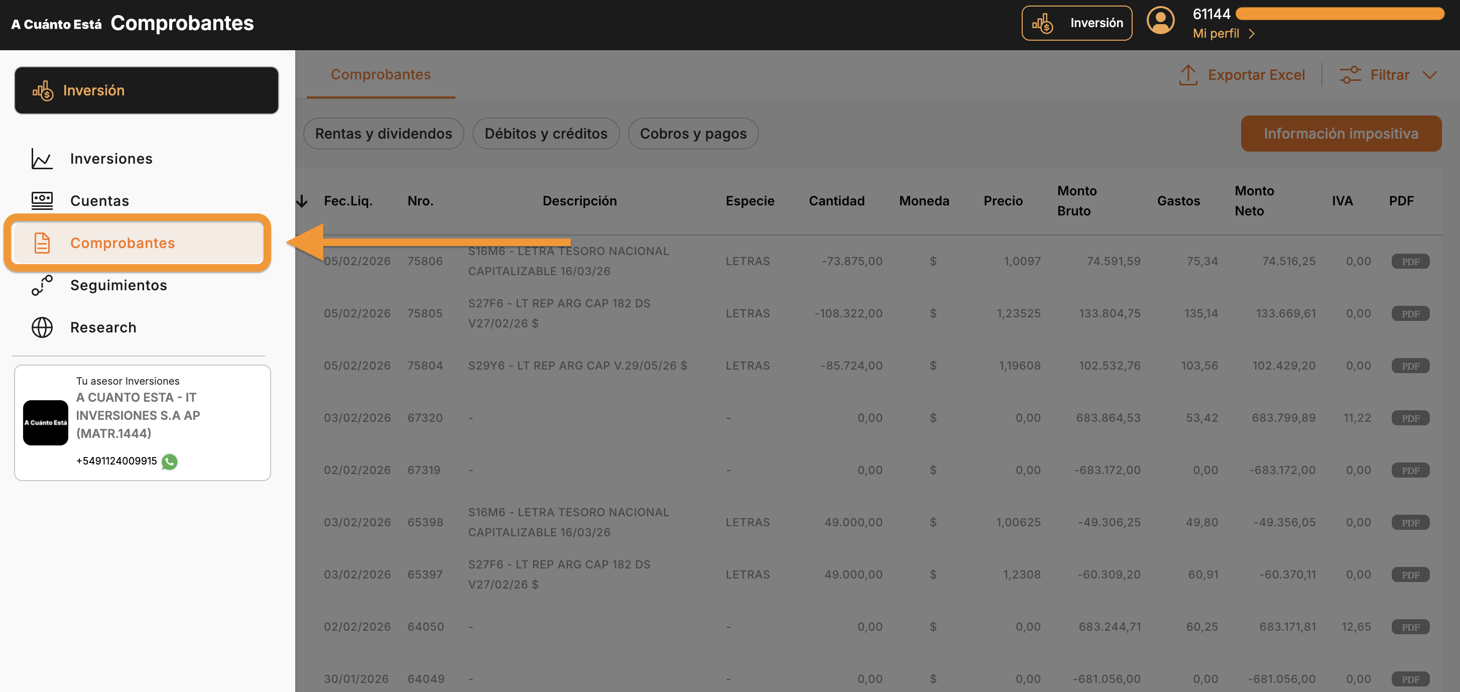 Pantalla de Comprobantes mostrando la opcion Comprobantes destacada en la barra lateral izquierda
