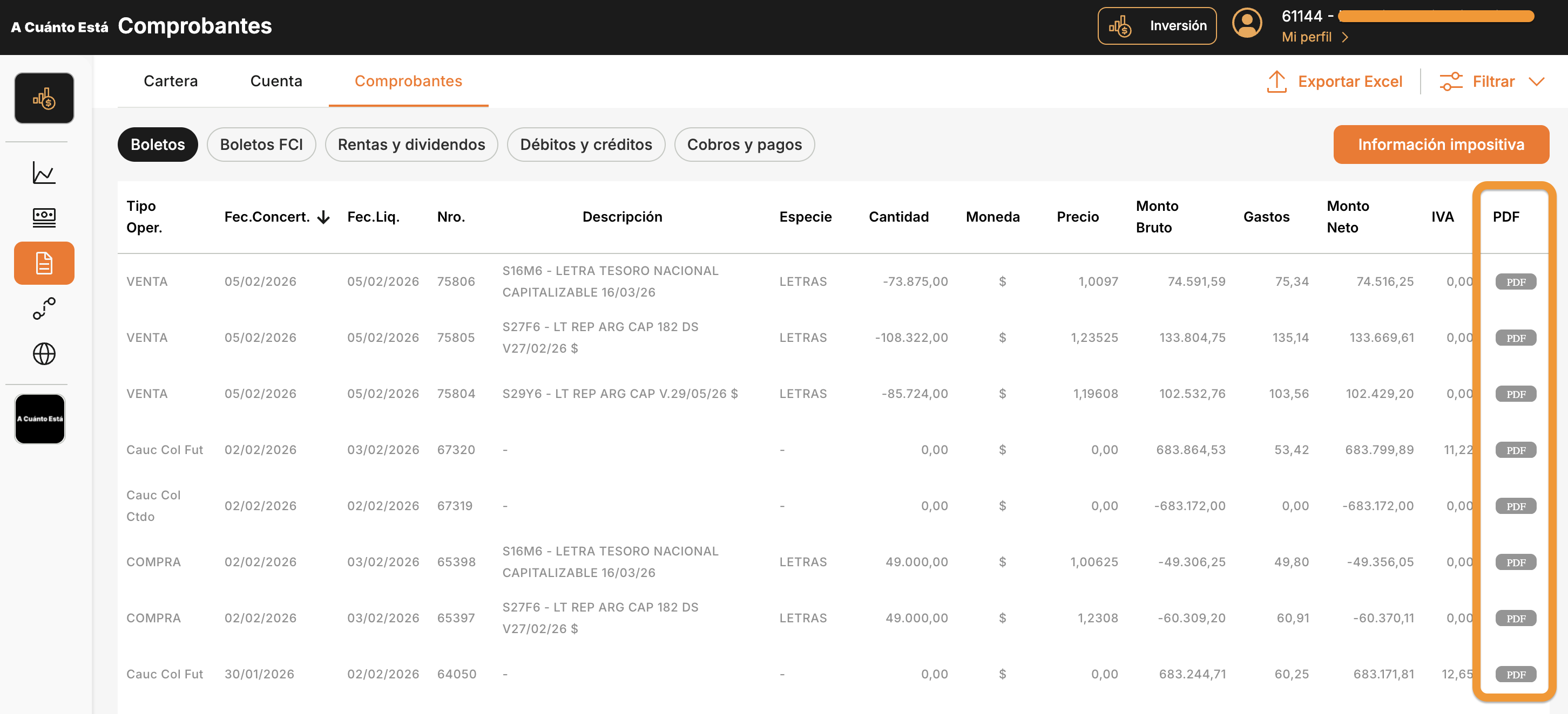 Tabla de comprobantes mostrando las operaciones con la columna PDF destacada a la derecha