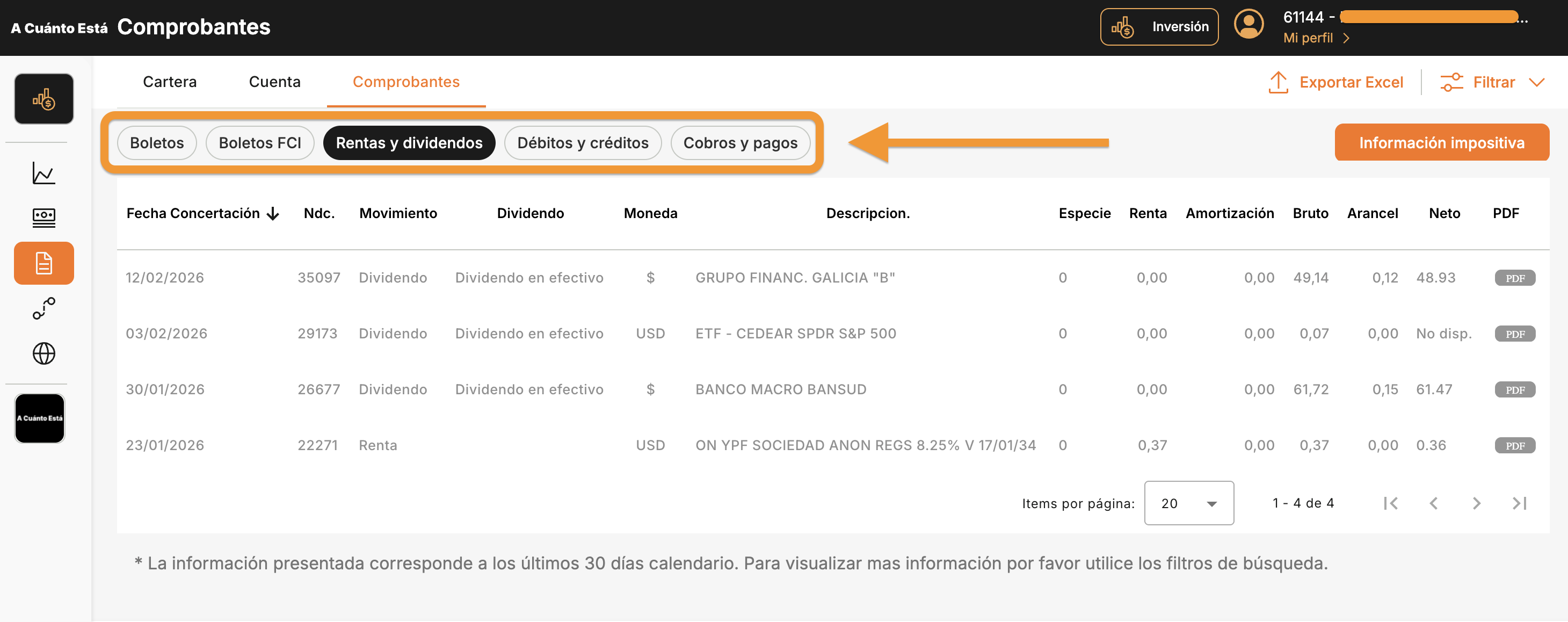 Seccion de Comprobantes mostrando las pestanas Boletos, Boletos FCI, Rentas y dividendos, Debitos y creditos, y Cobros y pagos destacadas