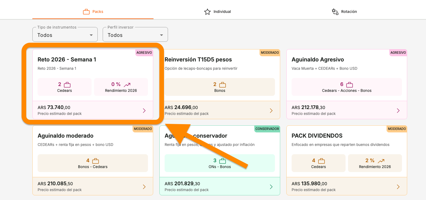 Ejemplo de pack semanal en la plataforma
