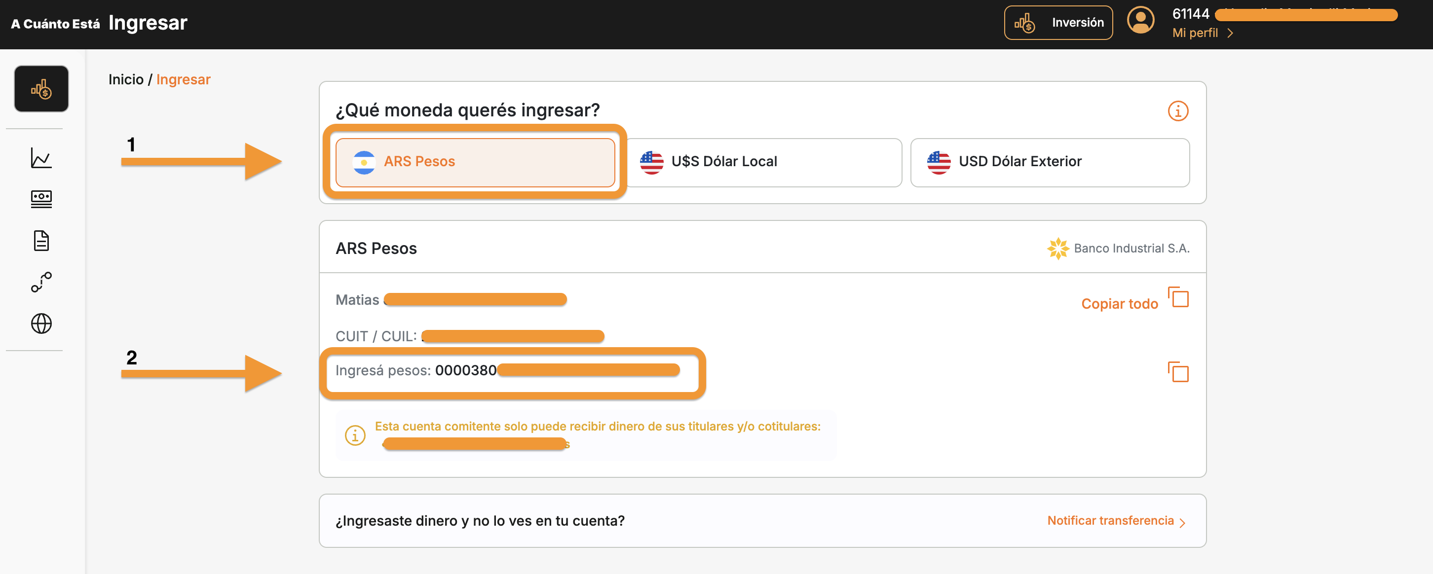 Pantalla de Ingresar mostrando la seleccion de ARS Pesos y el CVU para transferir