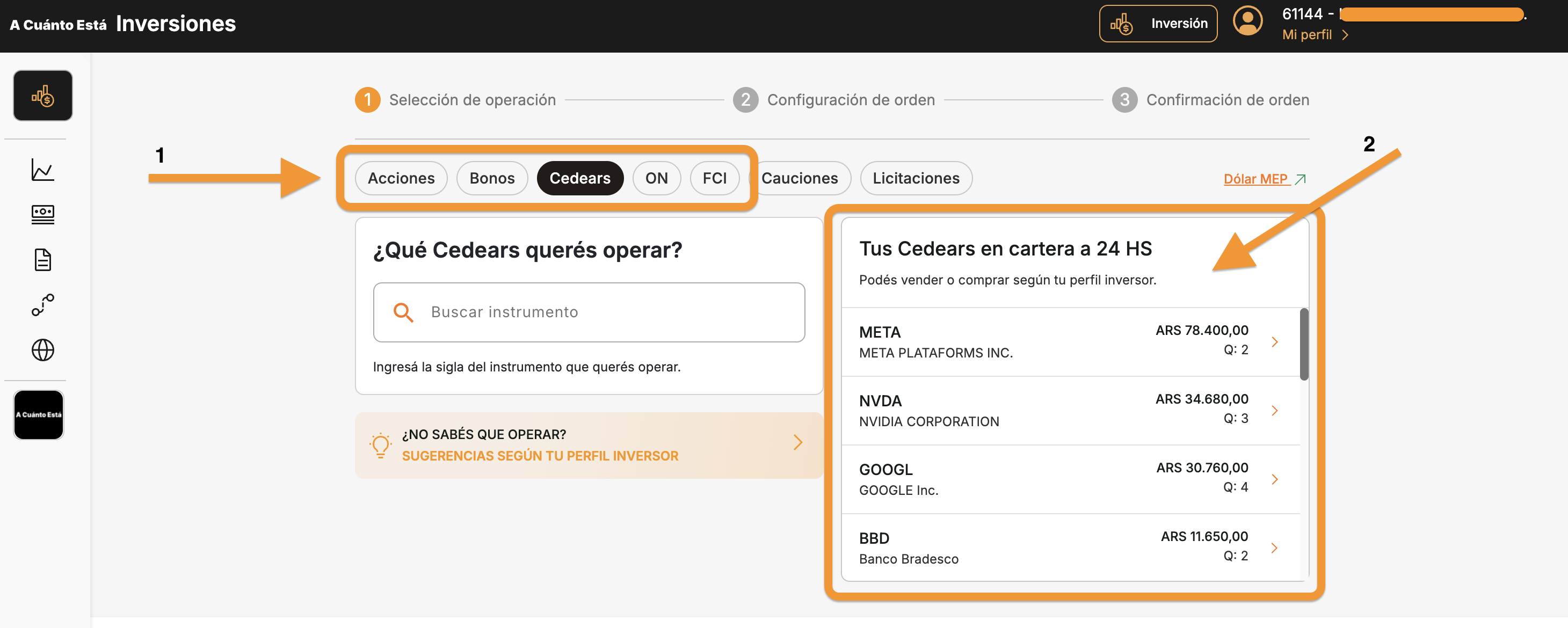 Pantalla de seleccion de operacion mostrando las pestanas de tipo de activo y los CEDEARs en cartera con sus precios y cantidades