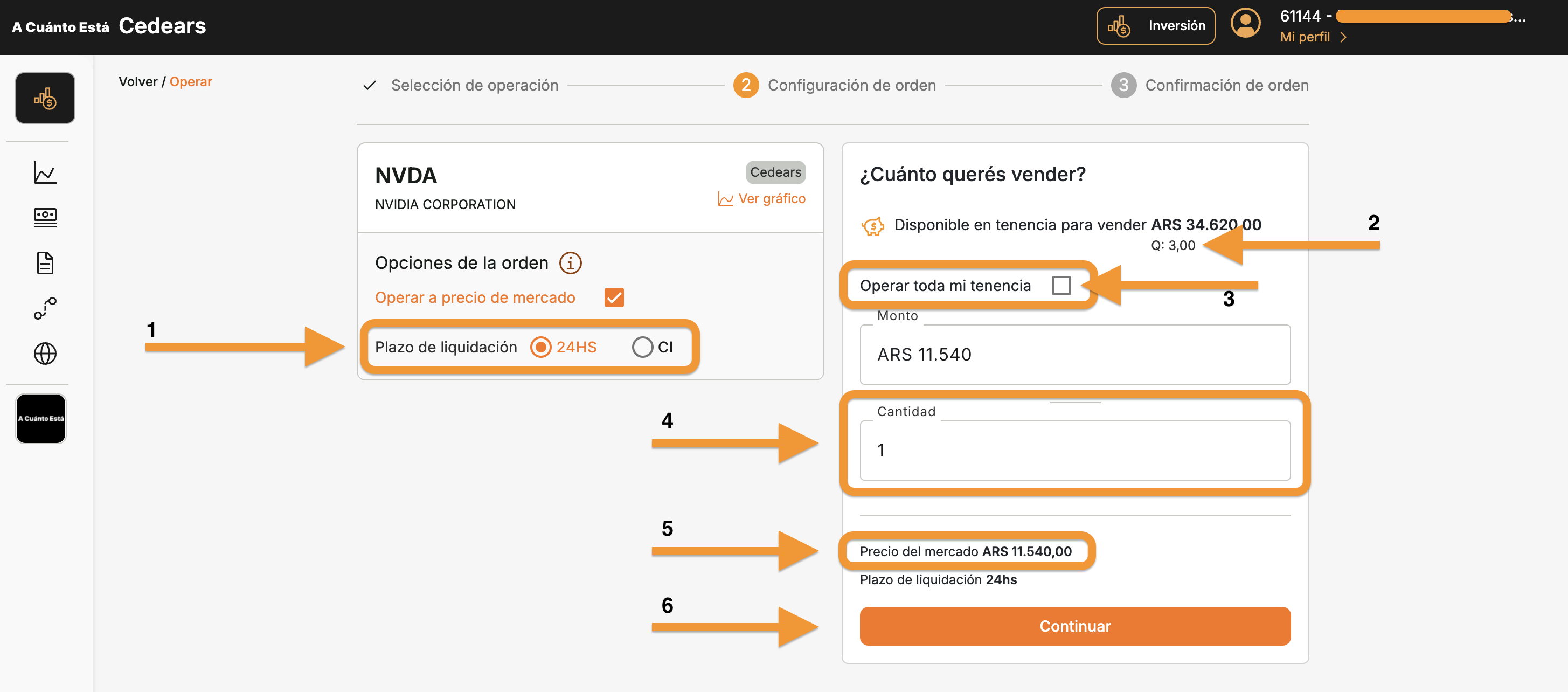 Pantalla de configuracion de orden de venta de NVDA mostrando plazo de liquidacion, cantidad disponible, operar toda la tenencia, campo de cantidad, precio de mercado y boton Continuar