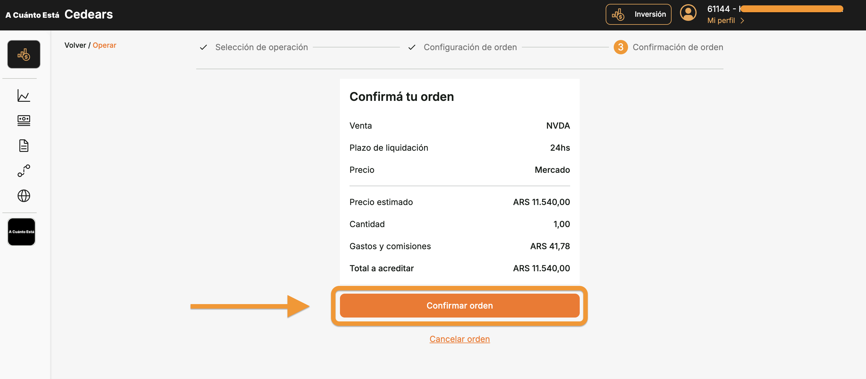 Pantalla de confirmacion de orden mostrando el resumen de la venta de NVDA con precio estimado, cantidad, gastos y comisiones, total a acreditar y boton Confirmar orden