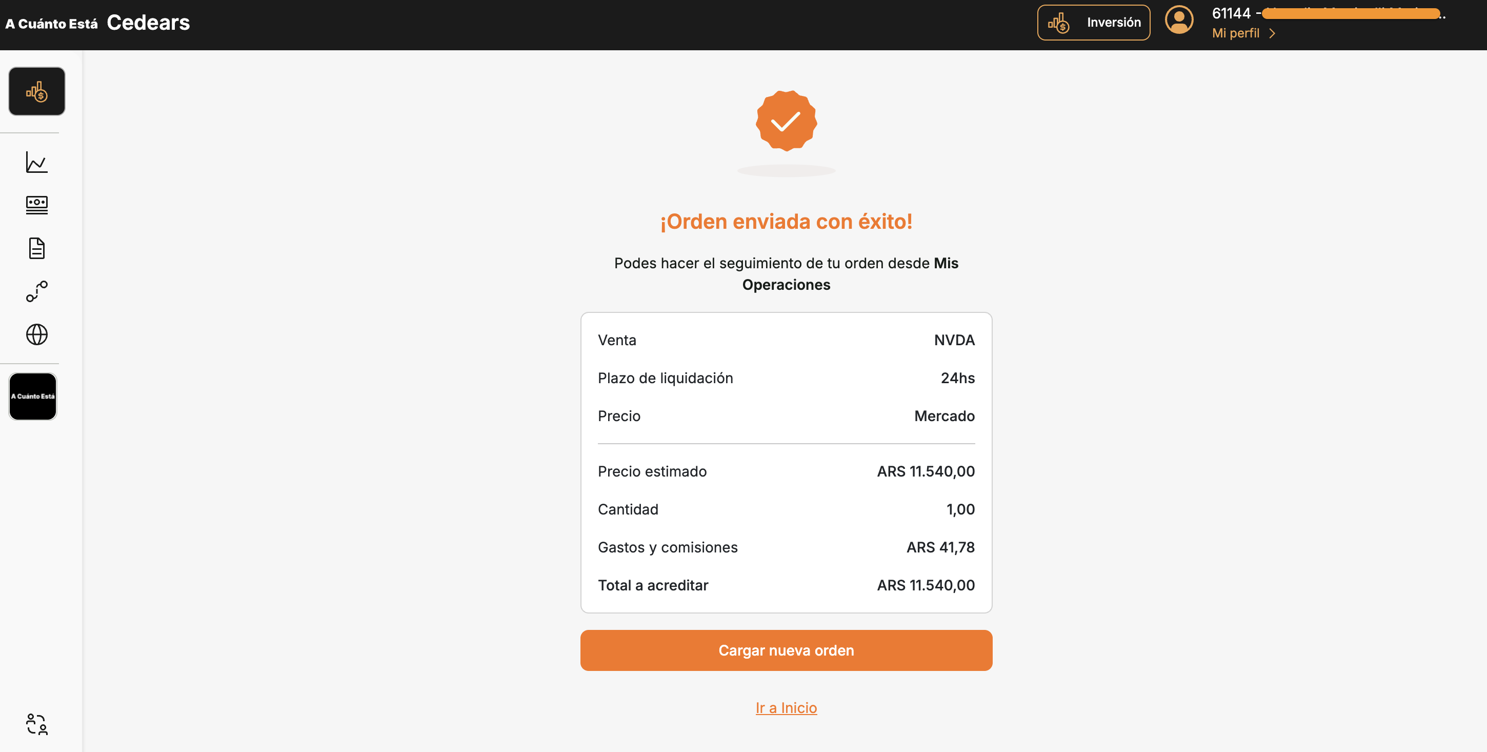 Pantalla de orden enviada con exito mostrando el resumen de la venta de NVDA con el detalle de la operacion y botones para cargar nueva orden o ir a inicio