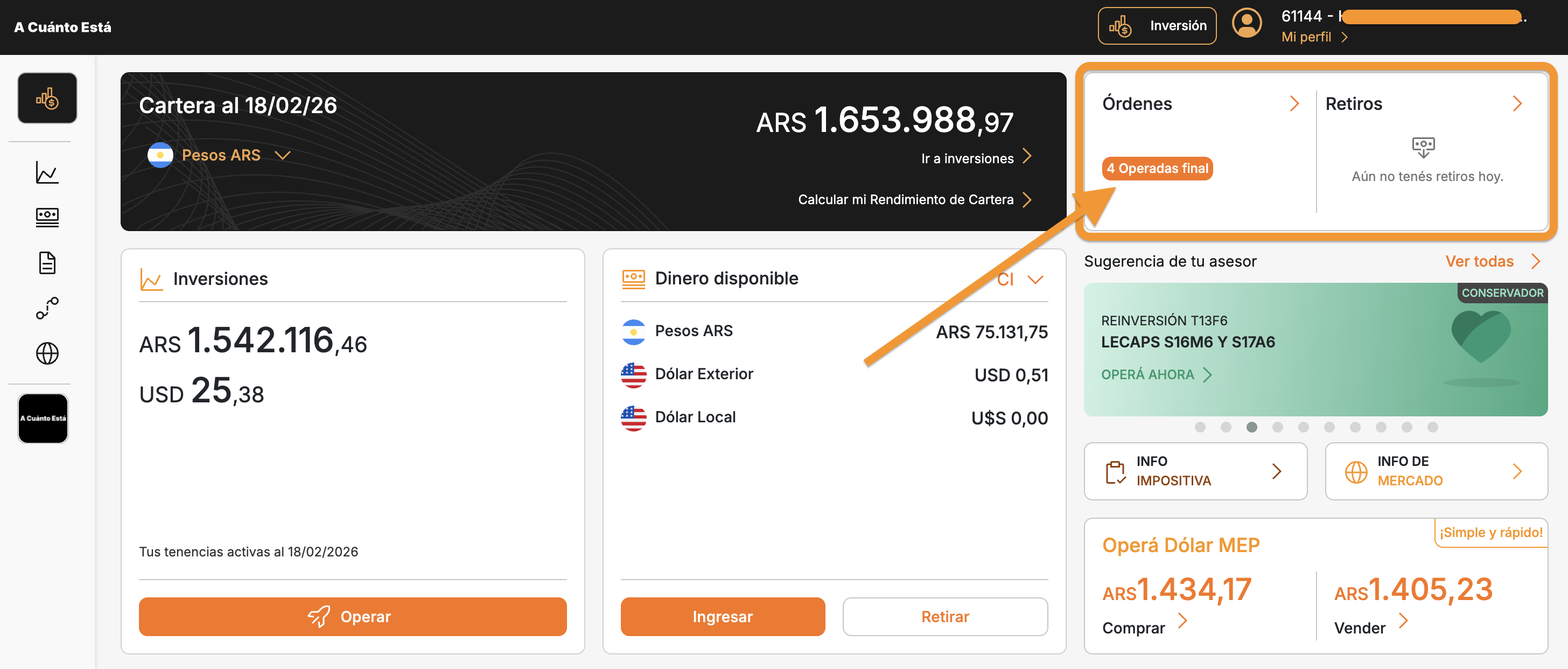 Dashboard principal de A Cuanto Esta mostrando la seccion de Ordenes en la parte superior derecha con 4 operadas final destacada